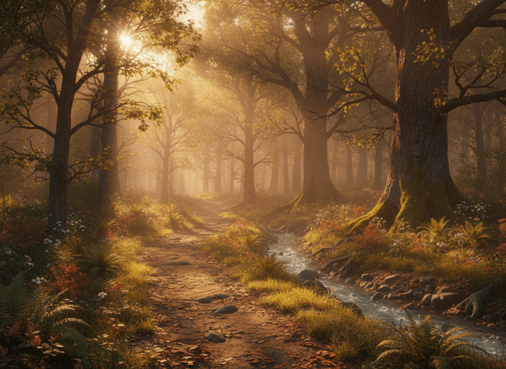A sunlit forest path beside a small stream under a canopy of ancient trees.