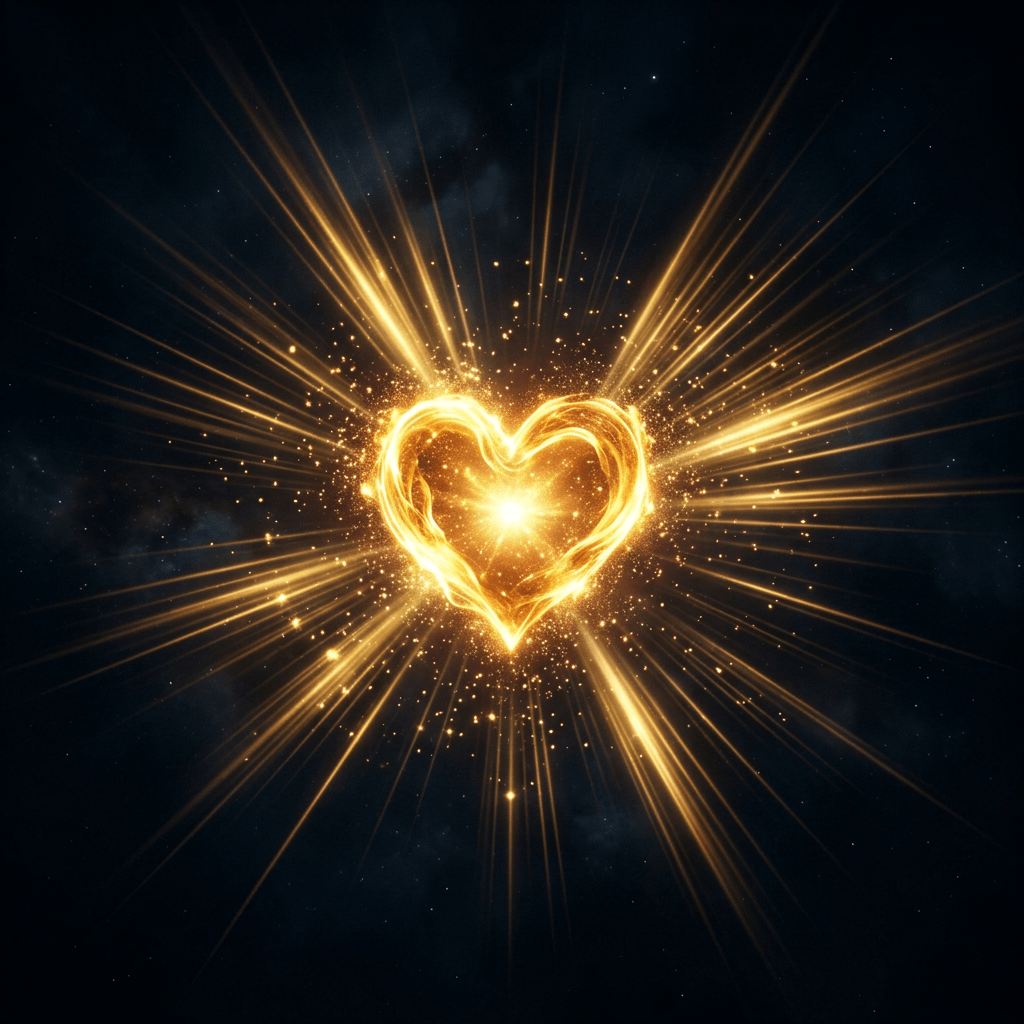 Bright golden heart shape with radiant light beams and sparkling particles