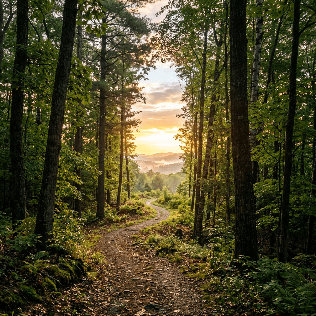 Winding dirt trail through a green forest with sunlight filtering through trees