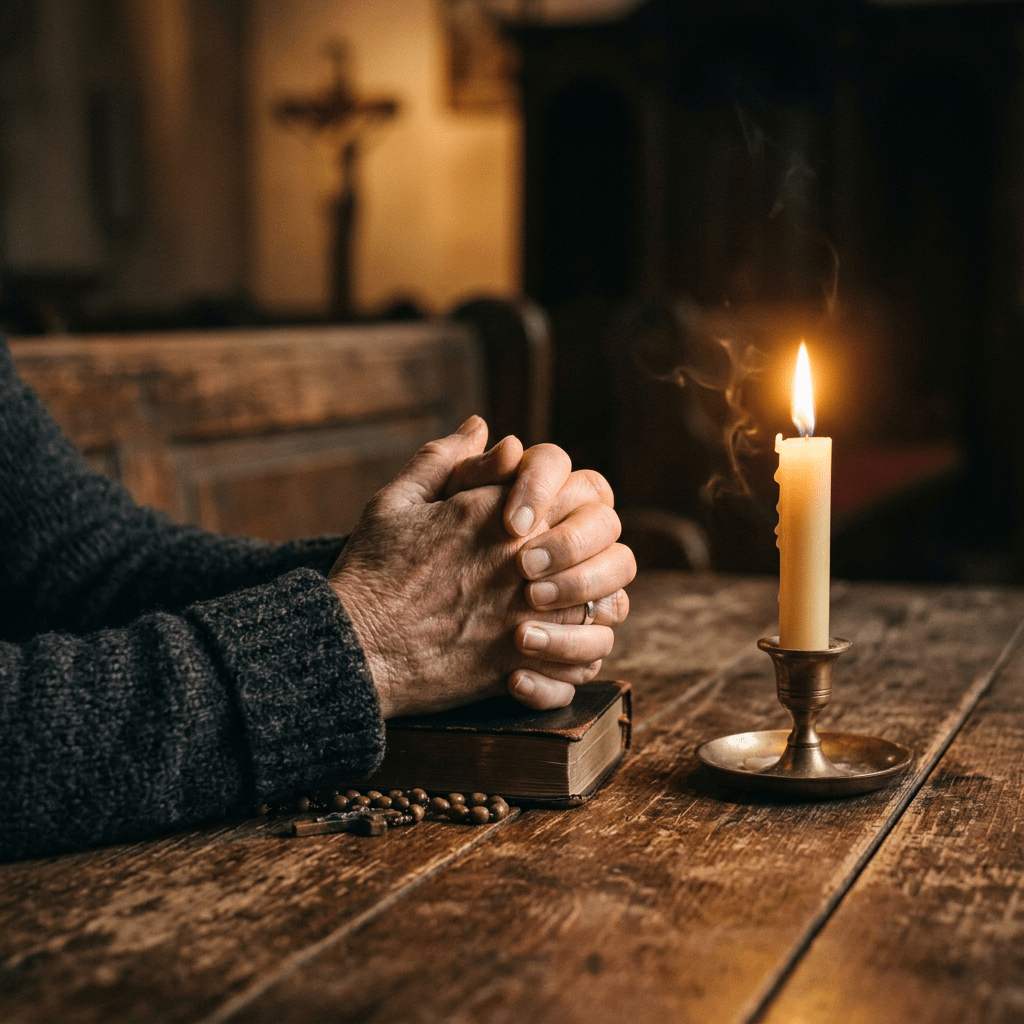 Hands clasped in prayer resting on a closed book next to a lit candle in a brass holder