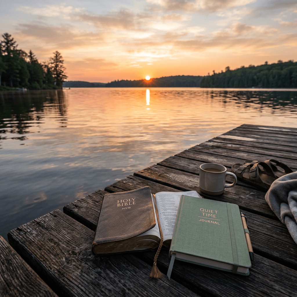 Bible, quiet time journal, coffee mug, sandals, and towel on wooden dock by calm lake at sunrise