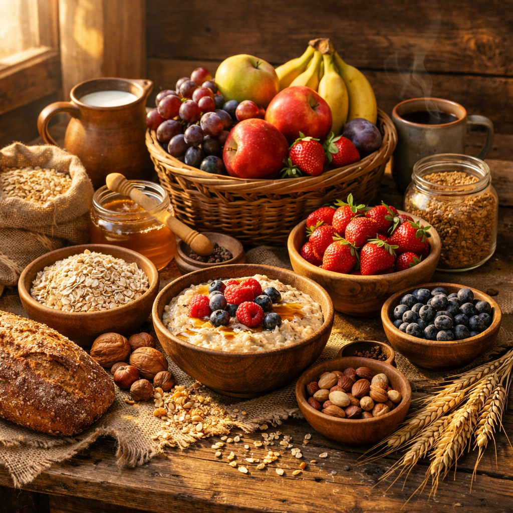 Basket of apples, grapes, bananas, strawberries, bowls of oats, berries, nuts, jar of honey, bread loaf, and steaming coffee cup on wooden table