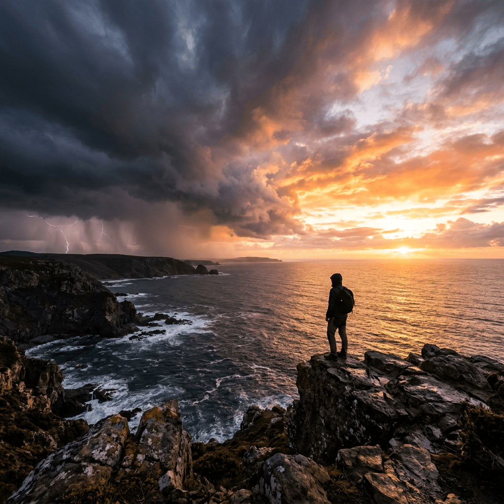 Hiker standing on rocky cliff by ocean with stormy clouds and lightning on one side and sunset on the other