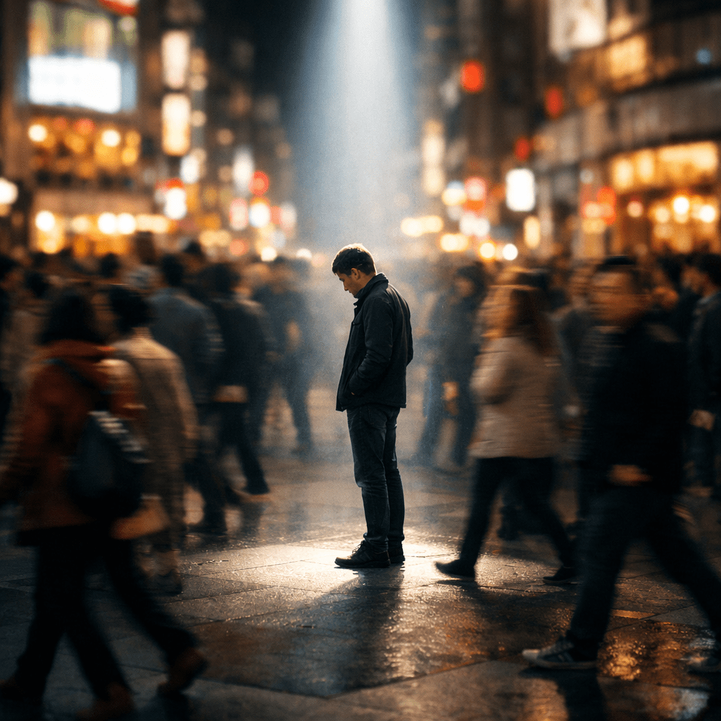 Man standing alone in a crowded city street with blurred people walking by