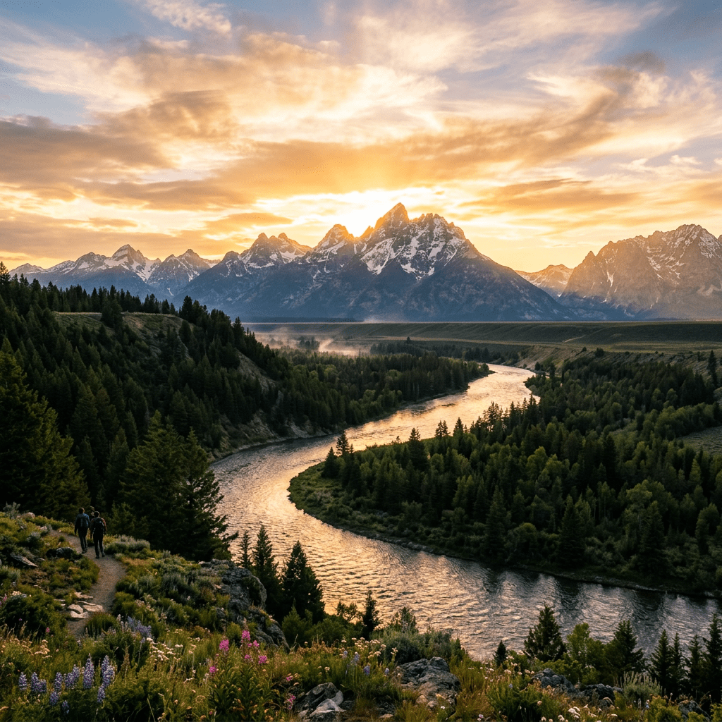 Two hikers walking on a trail beside a winding river with snow-covered mountains in the background at sunset