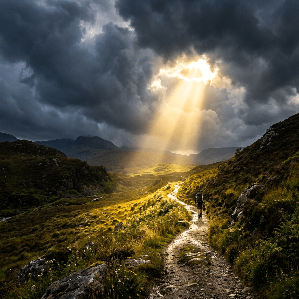 A lone hiker walking on a winding mountain trail illuminated by sunbeams piercing dark clouds