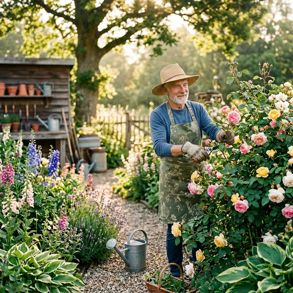 Woman pruning pink and yellow roses in a garden with gardening tools