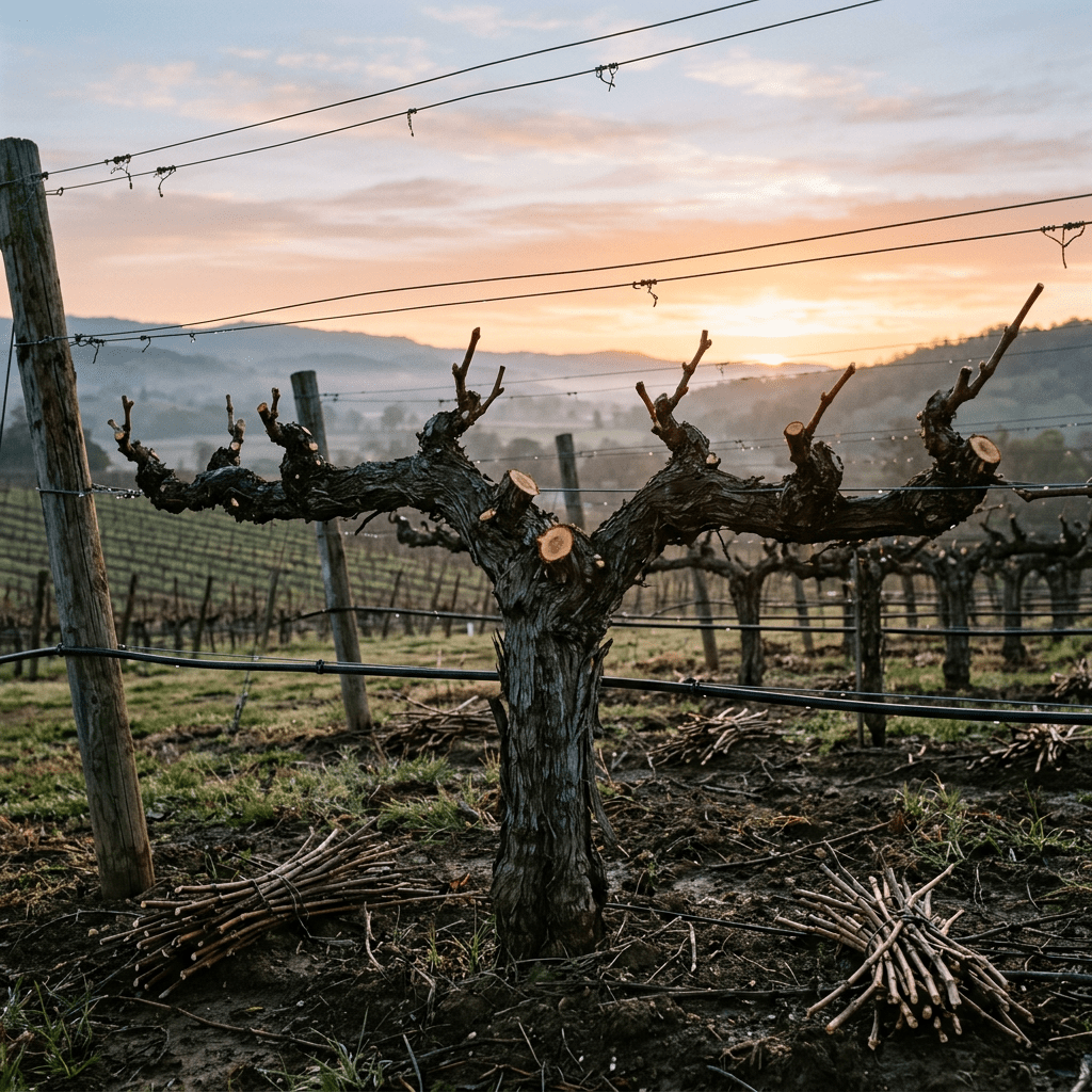 Pruned grapevine with bundles of cut branches on vineyard soil at sunrise