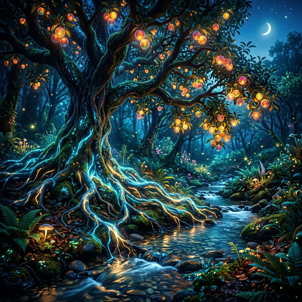 Glowing fruit tree by a forest stream at night with blue and orange lights