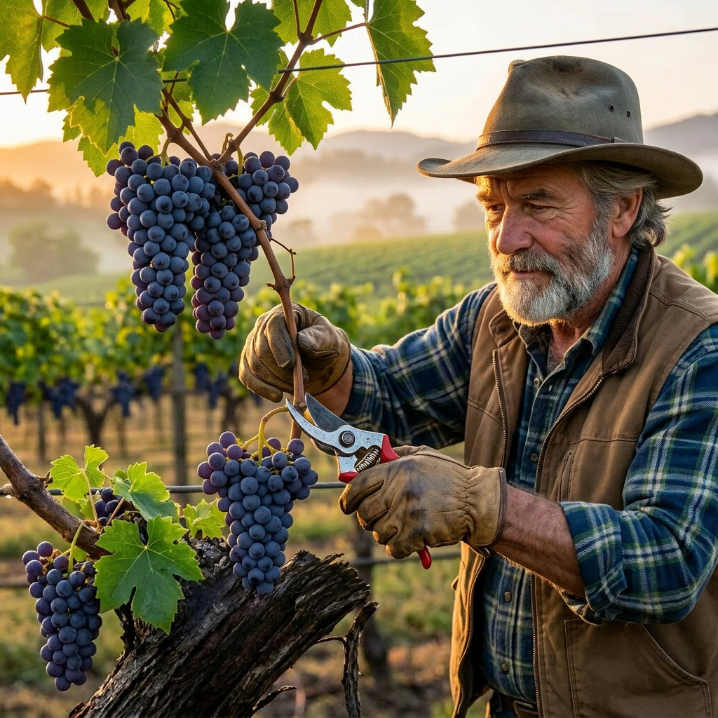 Add fatherly gardener pruning grapevine branches