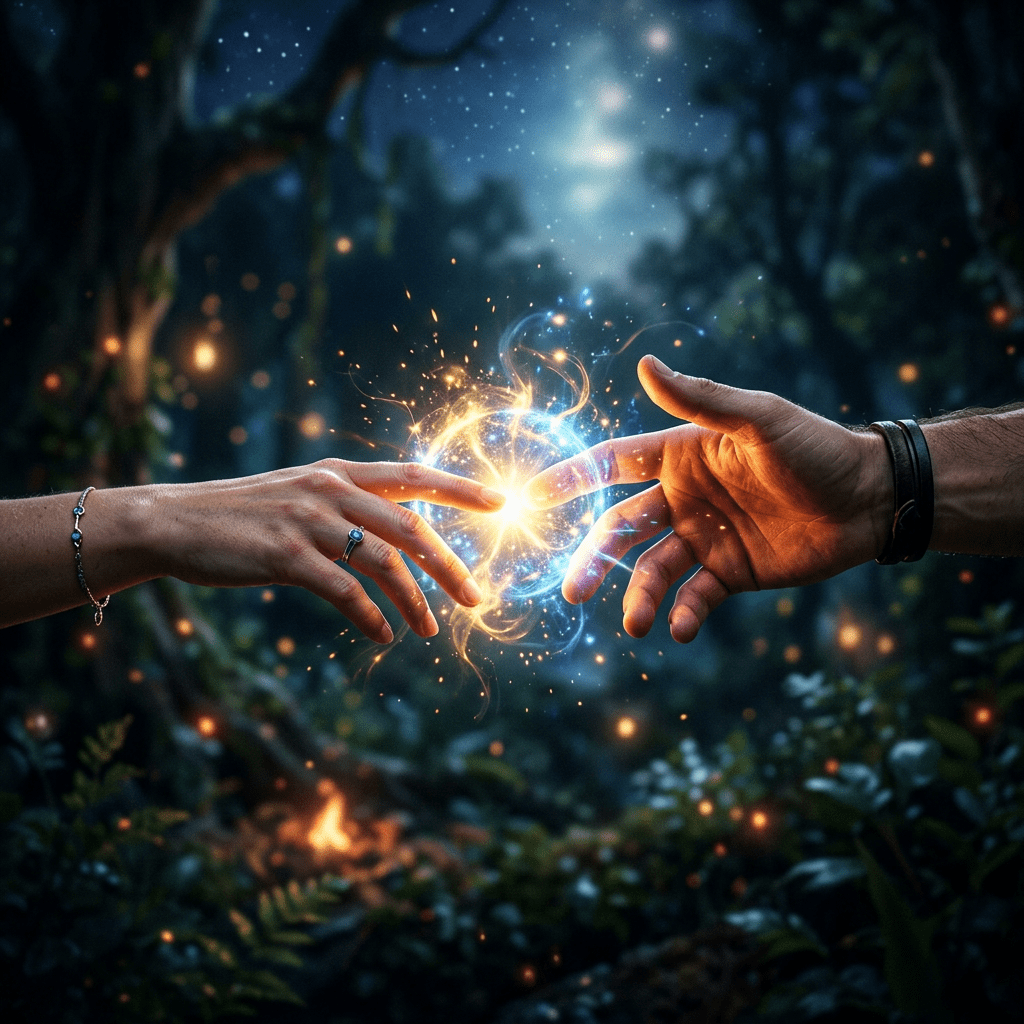 Two hands reaching towards each other with magical glowing energy between their fingertips