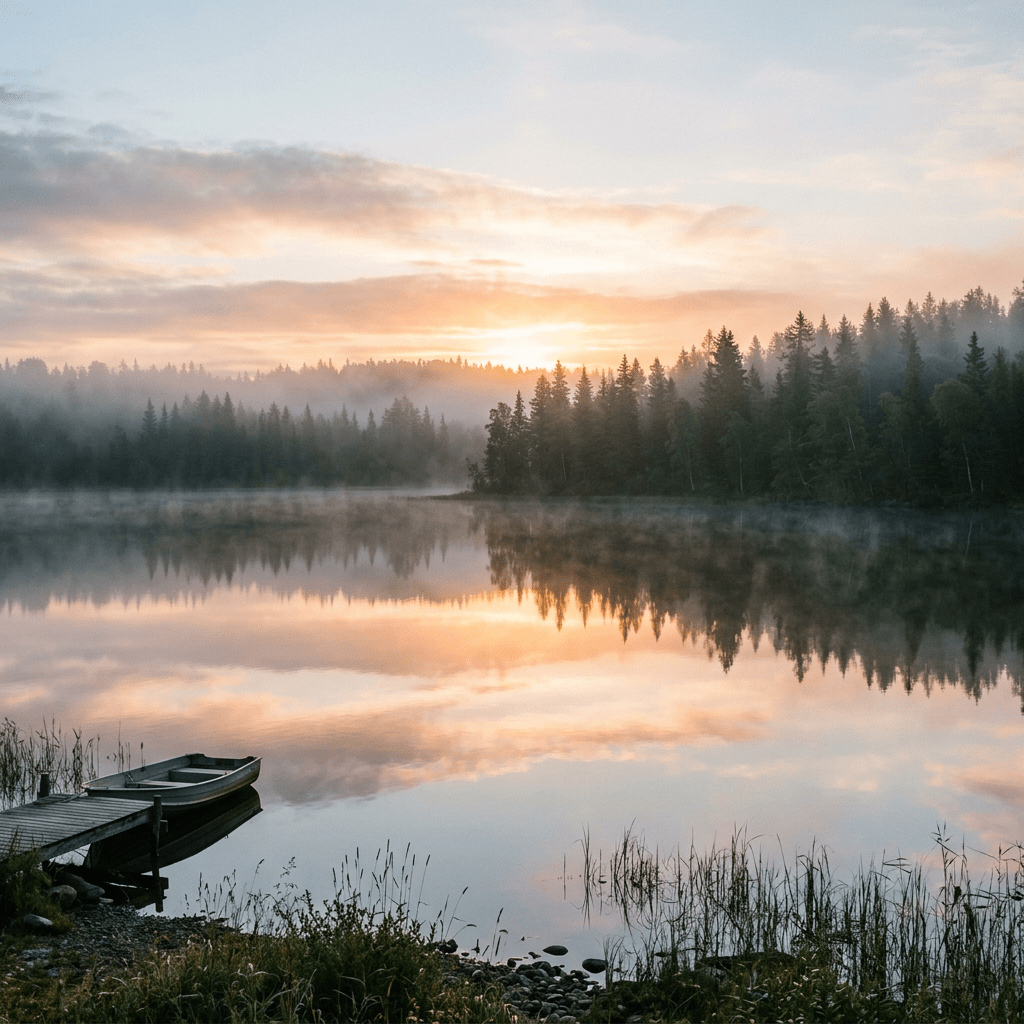 Calm lake at sunrise with mist, pine trees, wooden dock, and empty rowboat