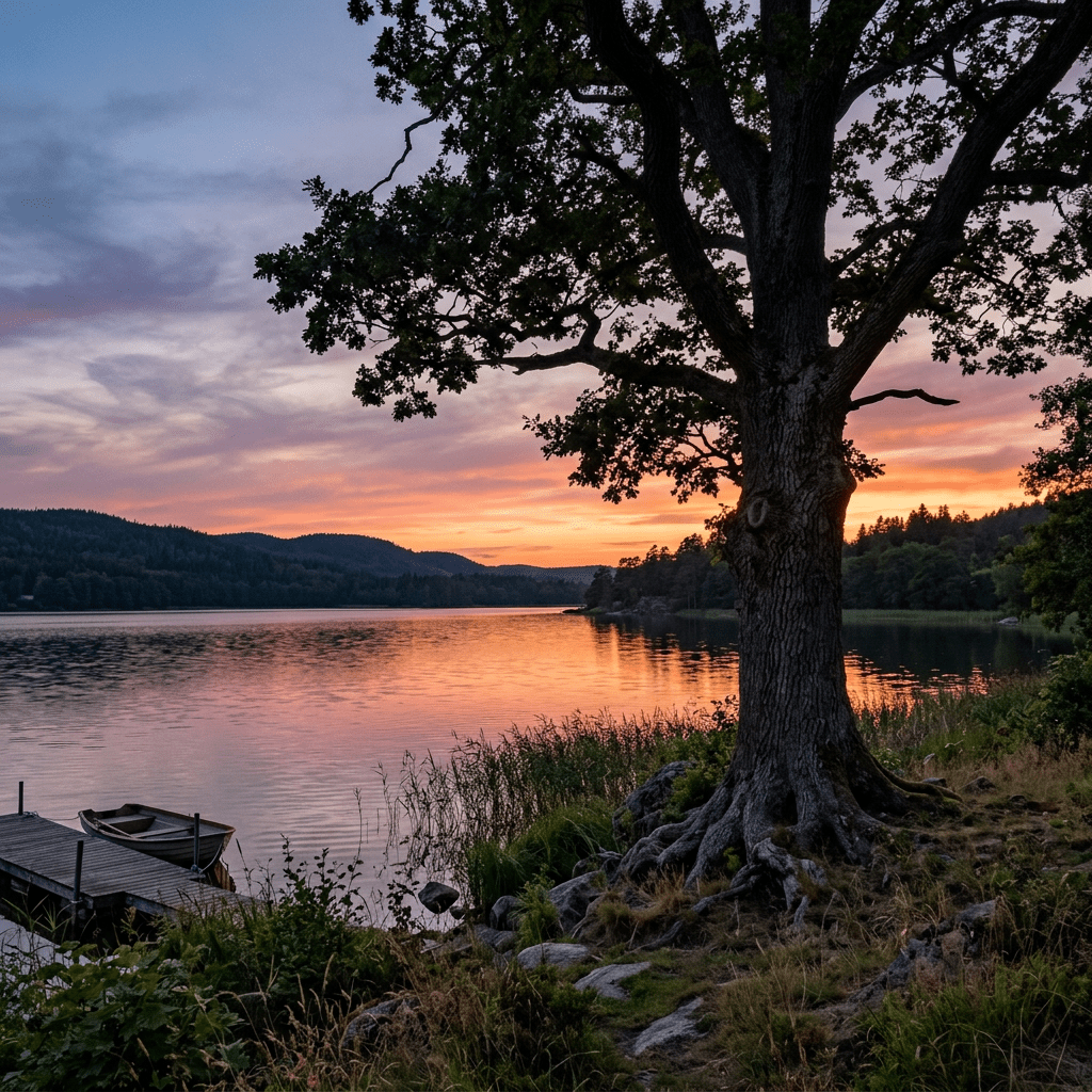 Large tree by lakeside at sunset with wooden dock and rowboat