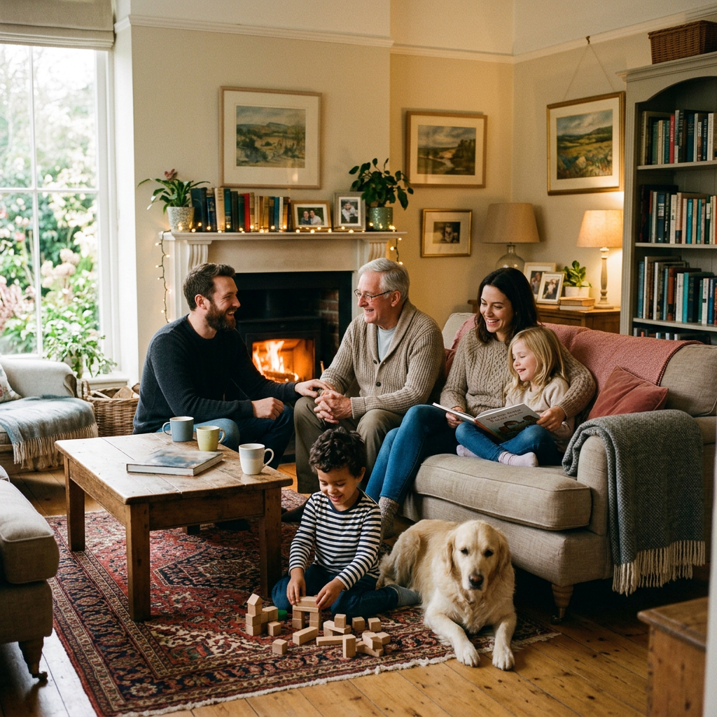 Family of five with two children and a dog enjoying time in a cozy living room by the fireplace