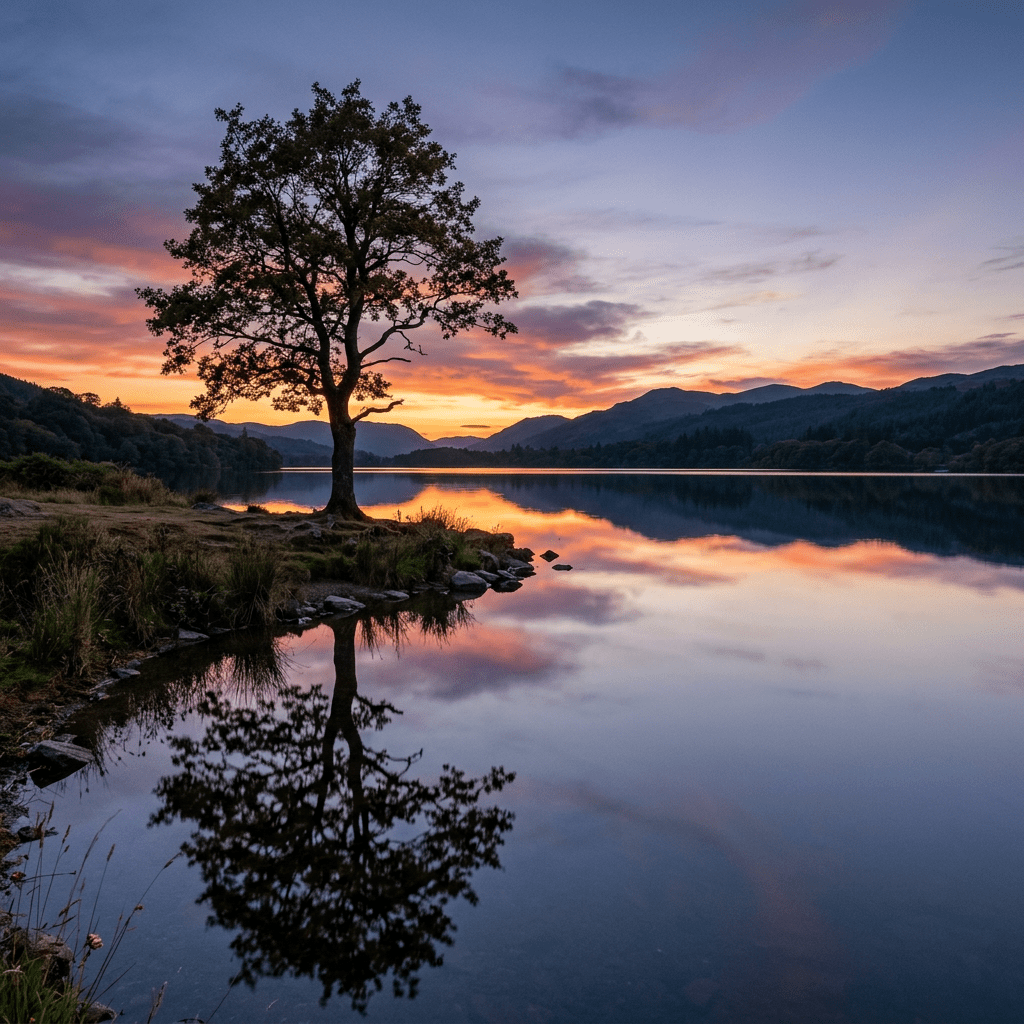 A solitary tree by a calm lake with mountain silhouettes and colorful sunset reflection