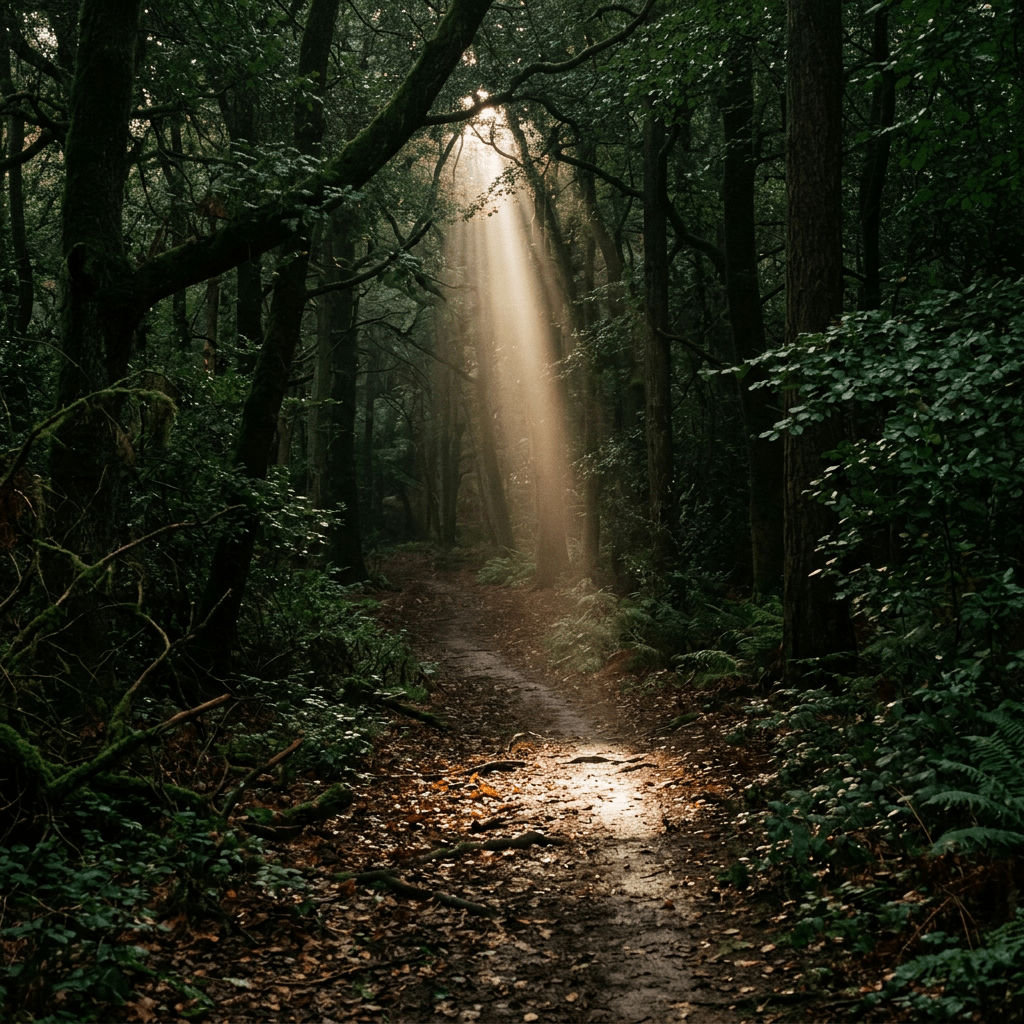 Sunlight streaming through trees onto a dirt forest trail with dense foliage
