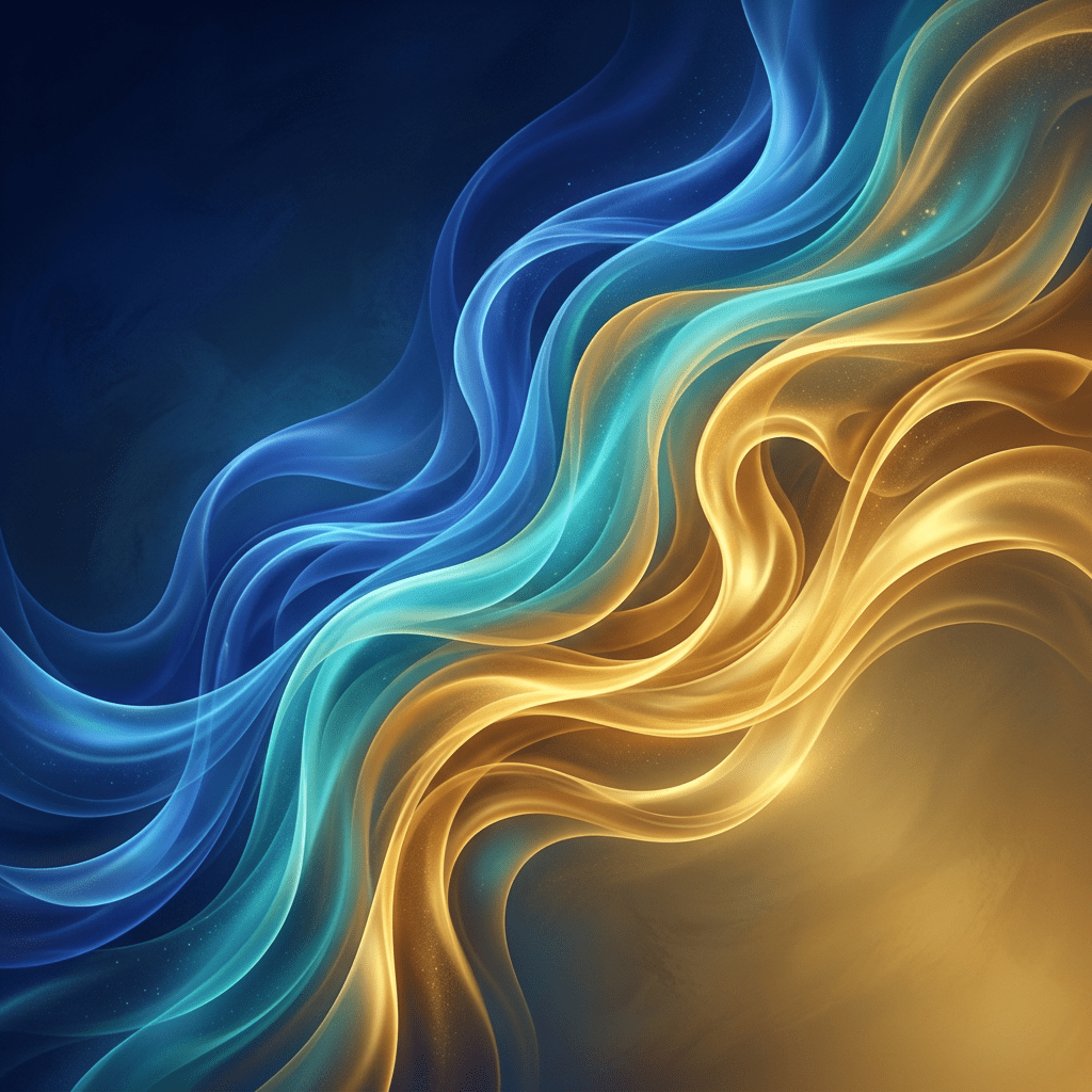 Curved flowing blue and gold waves blending in an abstract pattern