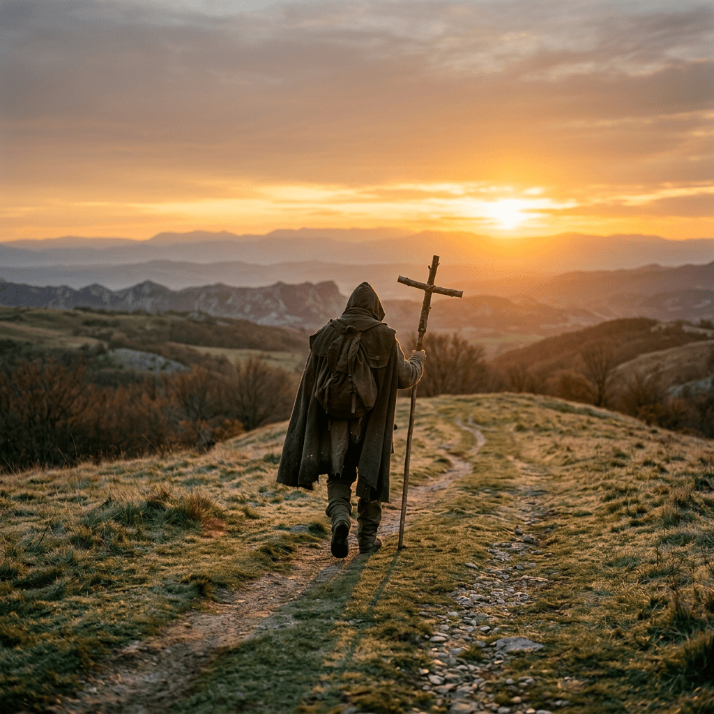 Person walking on a grassy path holding a wooden cross during sunrise in mountainous countryside