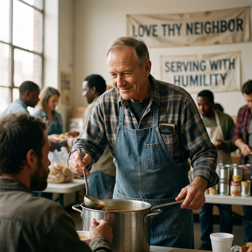 Volunteer ladling soup from a large pot to a man at a community kitchen.