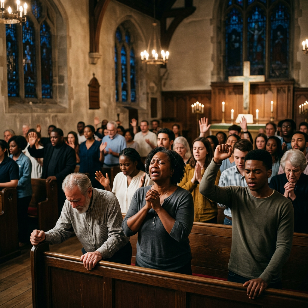 Diverse congregation praying earnestly with hands raised in a church