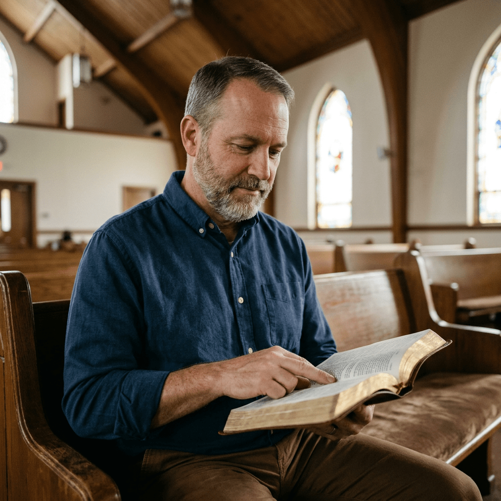 Middle-aged man sitting on a church pew reading a Bible with stained glass windows in the background