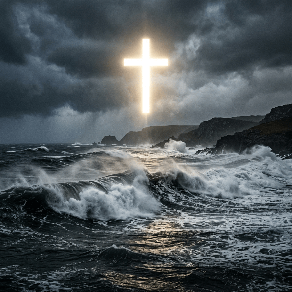 Glowing cross hovering over stormy ocean with crashing waves and dark clouds