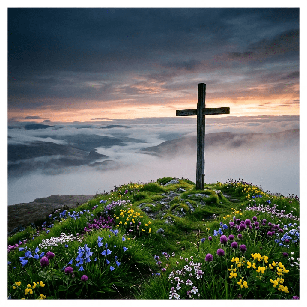 Wooden cross on a grassy hilltop with misty mountains and a colorful sunrise sky