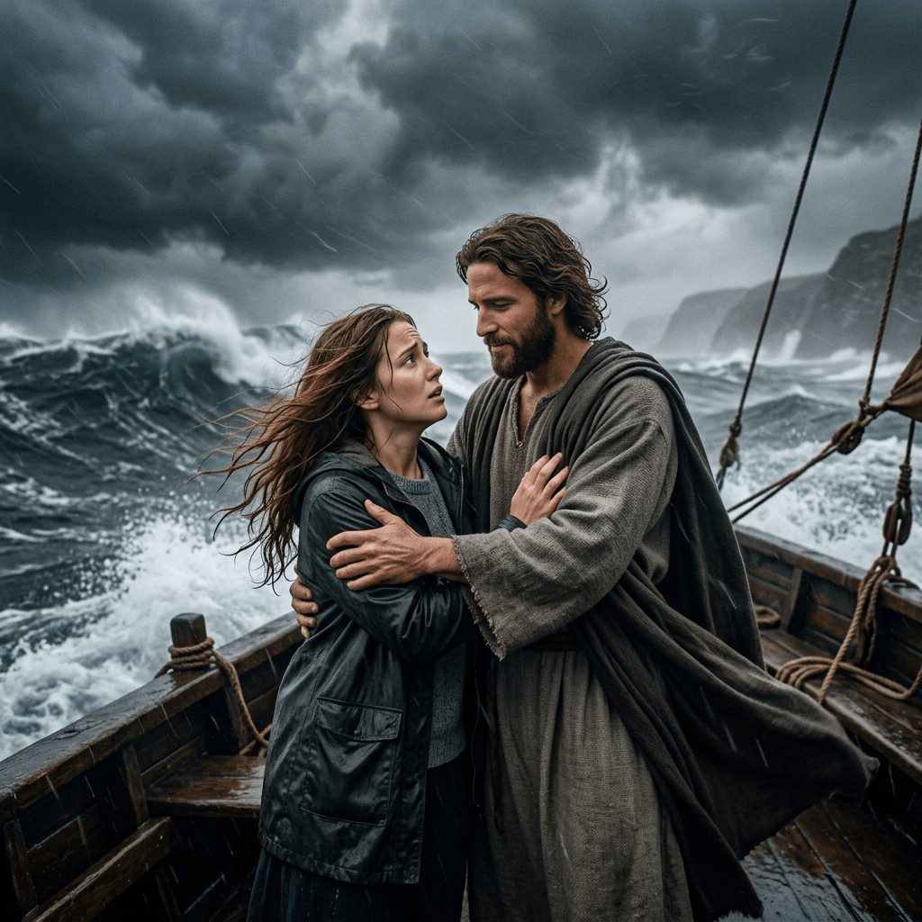 Man and woman holding each other on a boat in stormy sea with large waves and dark clouds