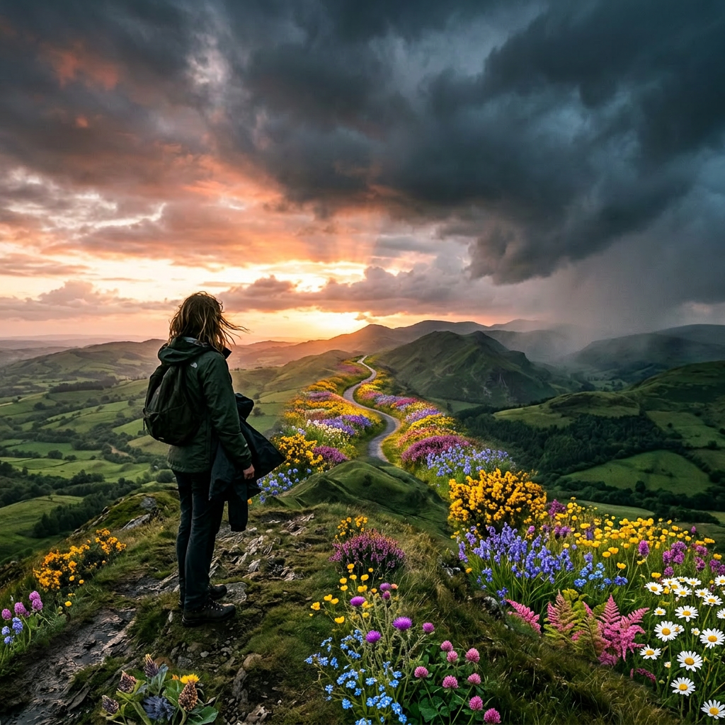 Hiker standing on a grassy hilltop overlooking green hills at sunset with dark clouds