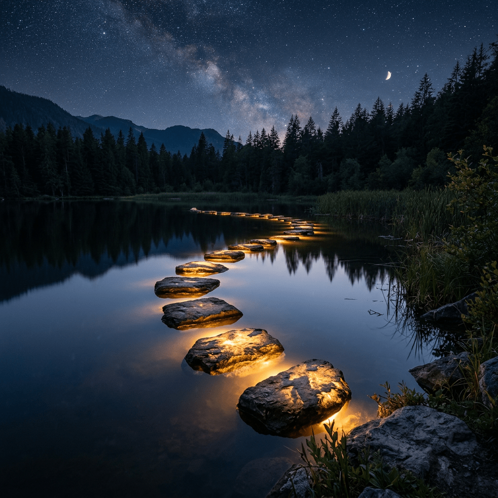 Stepping stones lit from beneath crossing a calm lake at night with forest and crescent moon