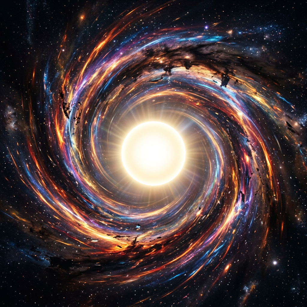Bright star in center with colorful swirling galaxy arms around it