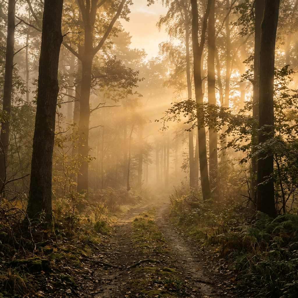 Forest path with sunlight streaming through tall trees in morning fog