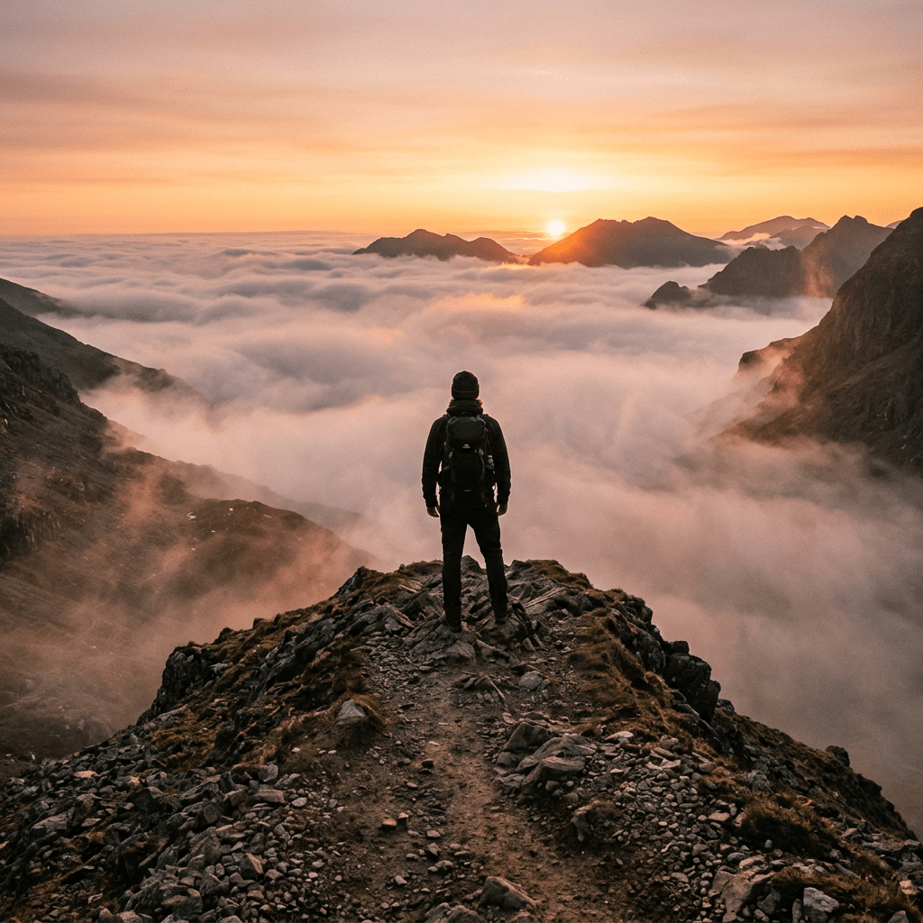 Person standing on rocky ridge overlooking mountains and clouds at sunrise