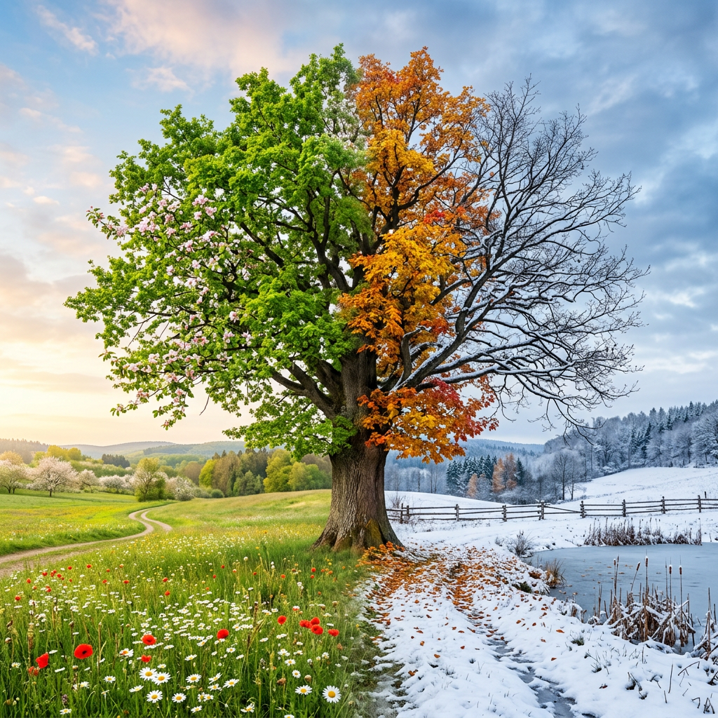 A large tree with four distinct sections showing spring blossoms, green summer leaves, autumn foliage, and bare winter branches.