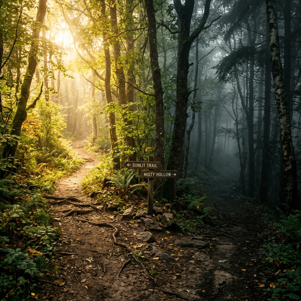 Forked forest path with signs for Sunlit Trail and Misty Hollow