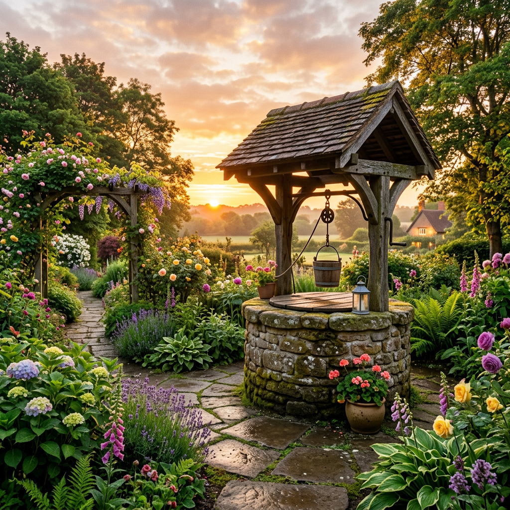 Stone well in a colorful garden during sunset with flowers and a lantern
