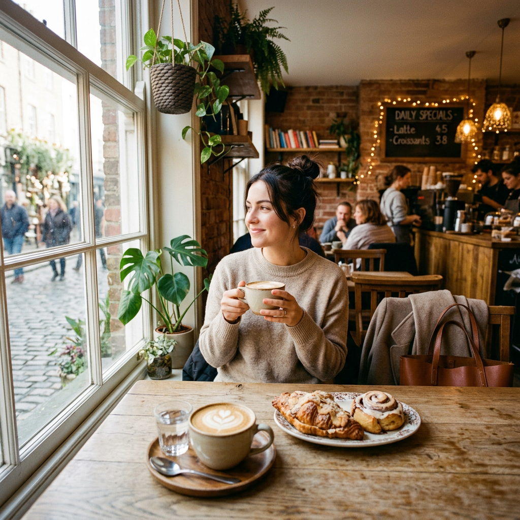 Woman holding a coffee cup inside a warm, rustic cafe with pastries on the table