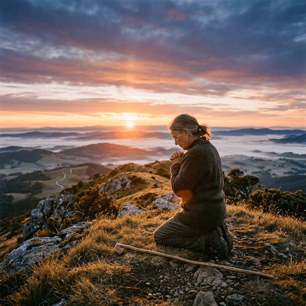 Person kneeling and praying on mountain top at sunrise