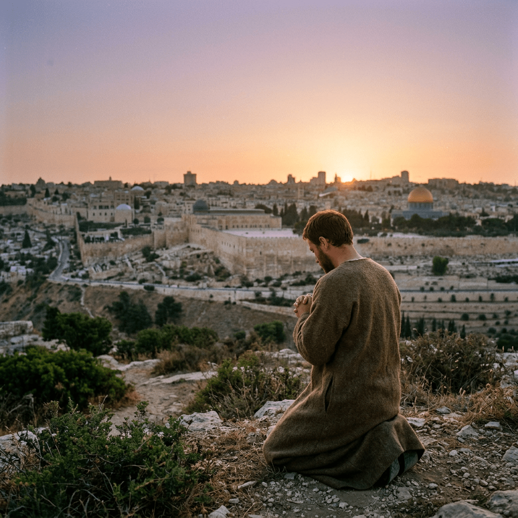 Man kneeling in prayer overlooking the city of Jerusalem at sunset
