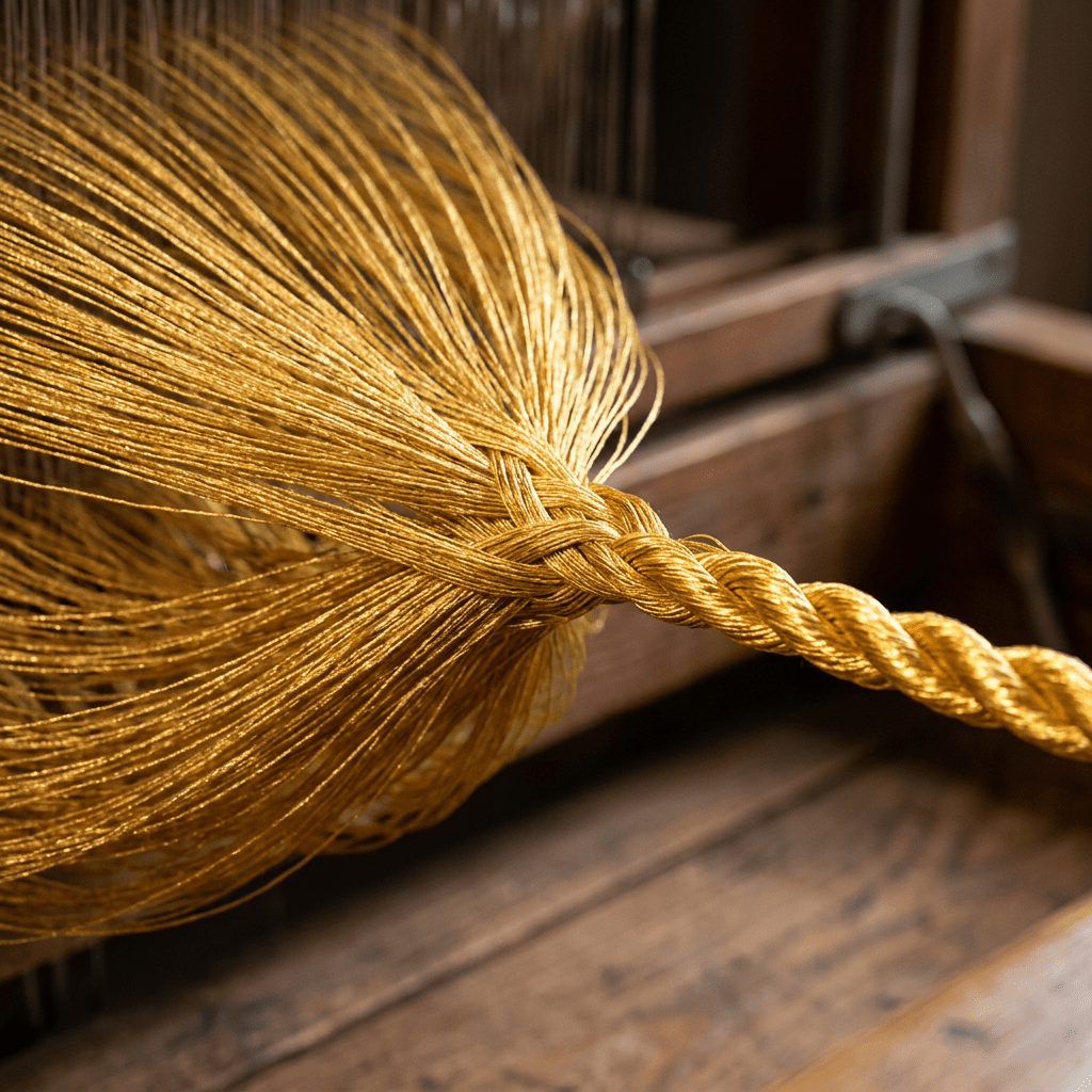 Golden silk threads twisted and gathered on a wooden loom for weaving
