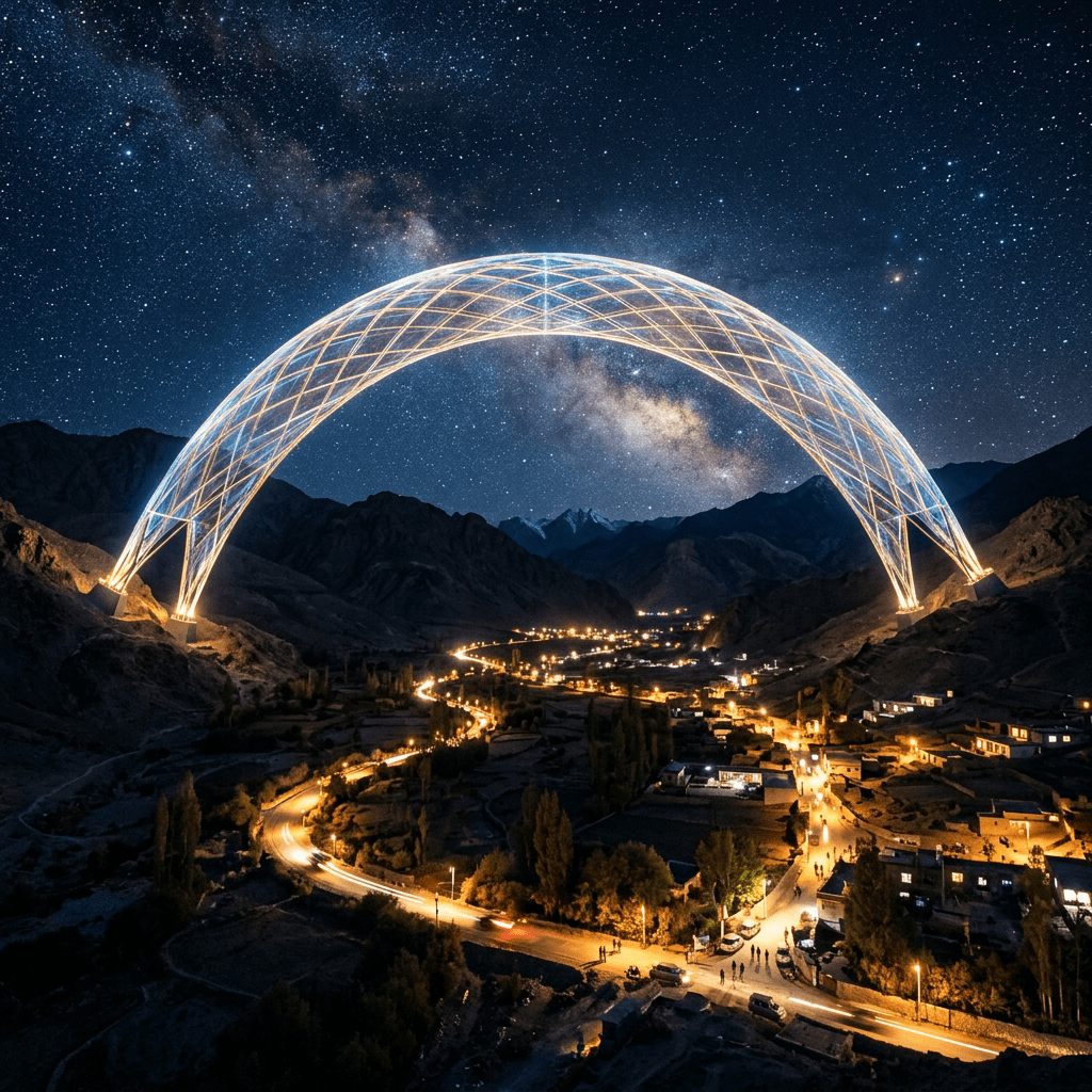 Illuminated geometric arch over a mountain village at night with the Milky Way in the sky