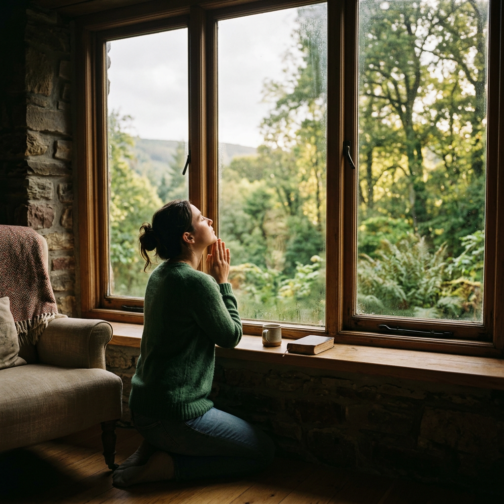Woman kneeling by window with hands clasped in meditation overlooking green forest