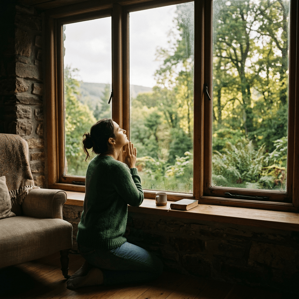 Woman kneeling by window with hands clasped in meditation overlooking green forest