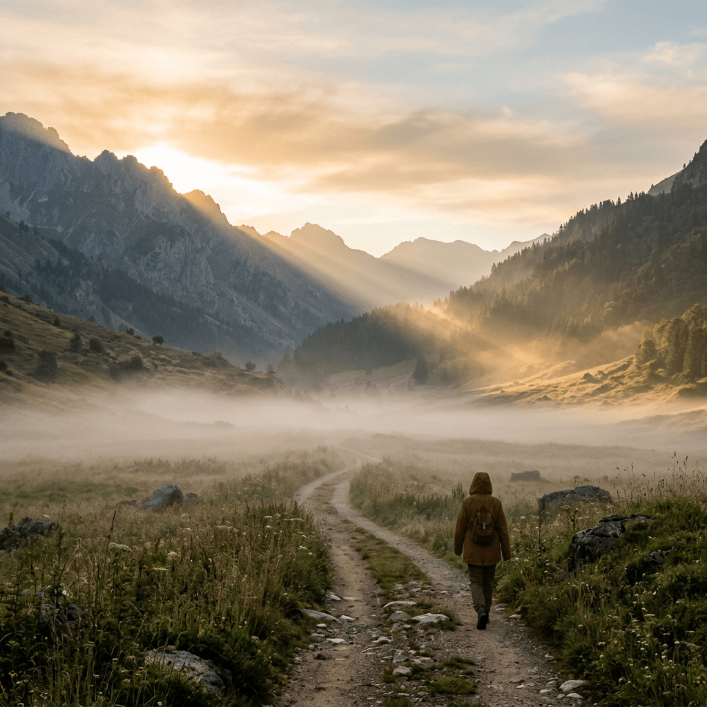 Person walking on a dirt trail surrounded by grassy fields and mountains with sun rays and morning fog