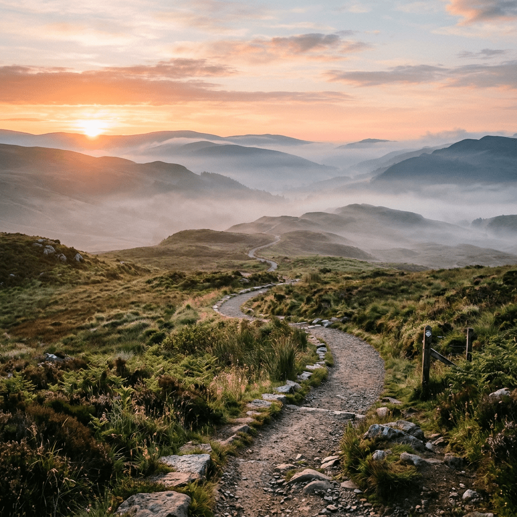 Winding dirt trail through grassy hills with mountains and sunrise in background