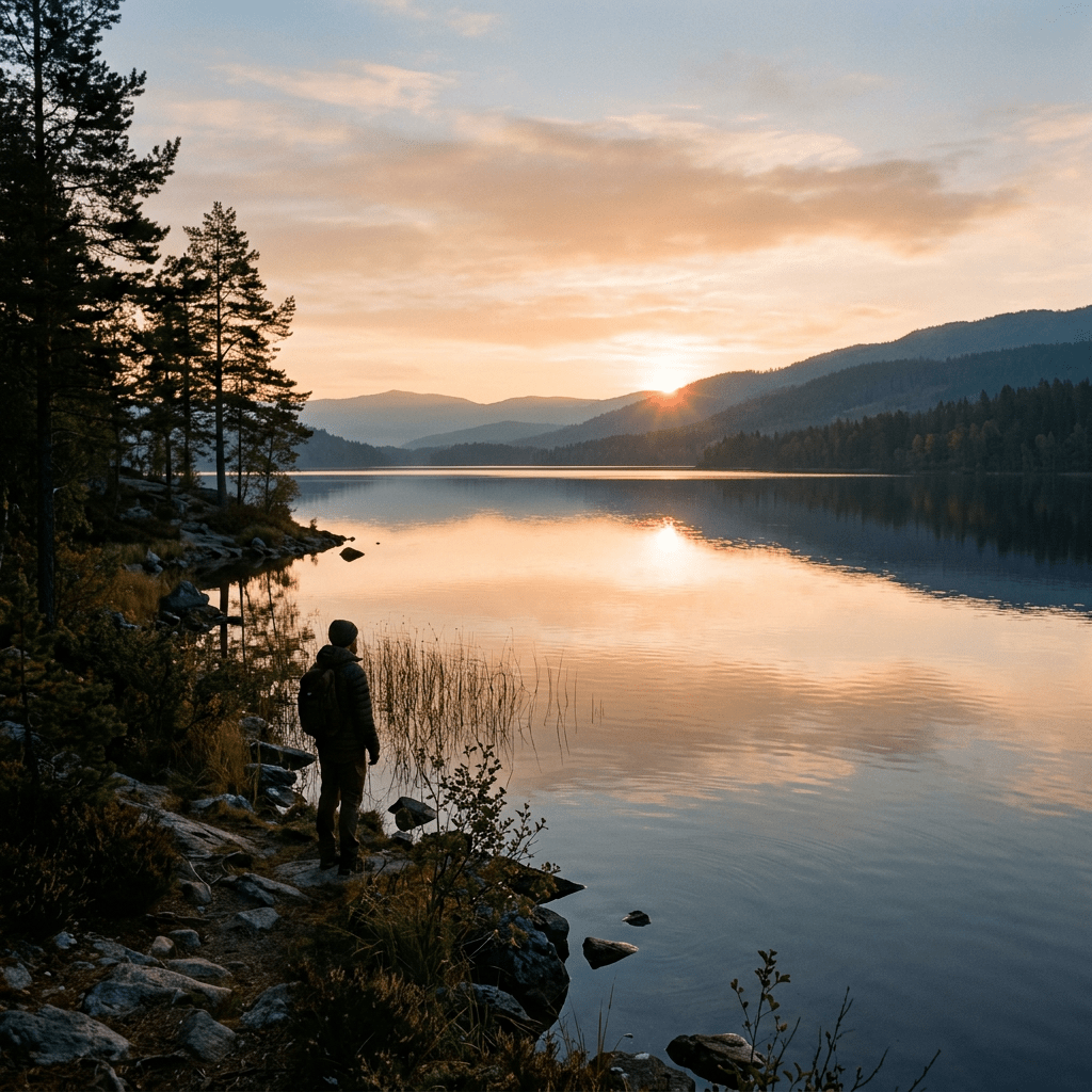 Person standing on rocky shore looking at sunrise over calm lake with mountains and trees