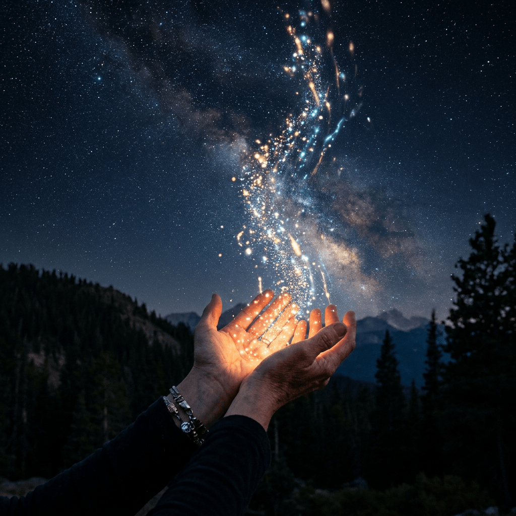 Two hands releasing glowing sparkles toward starry night sky