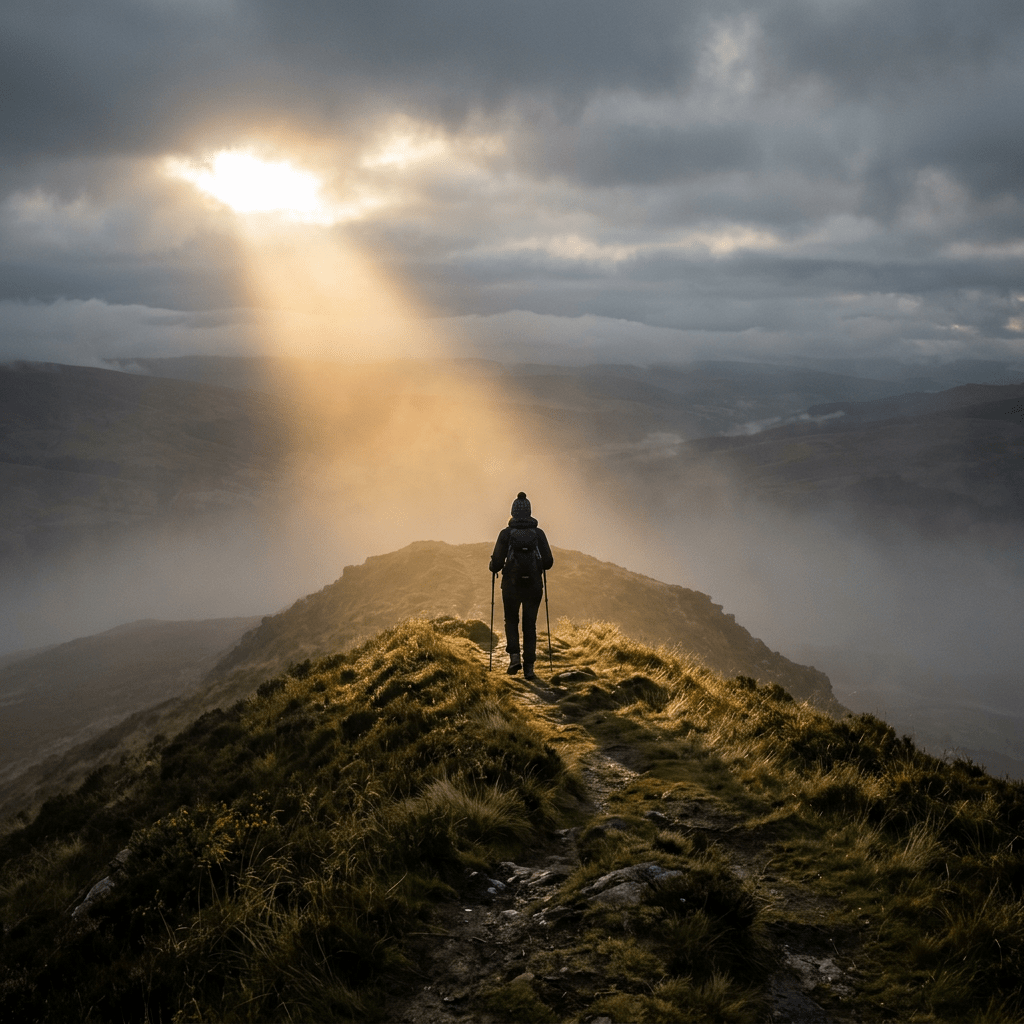 Hiker standing on a foggy mountain ridge illuminated by sunlight breaking through clouds