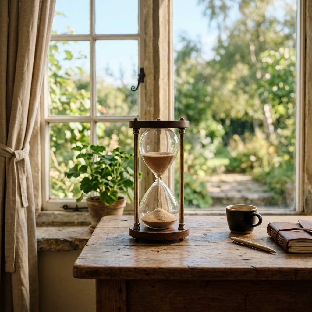 Hourglass, coffee cup, pen, and journal on rustic wooden desk by window
