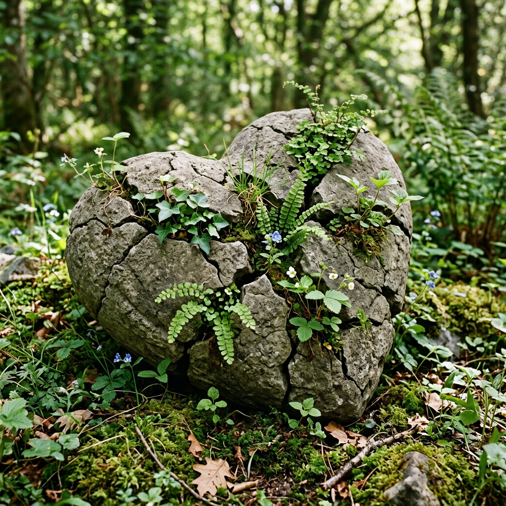 Heart-shaped stone cracked with ferns and small plants growing